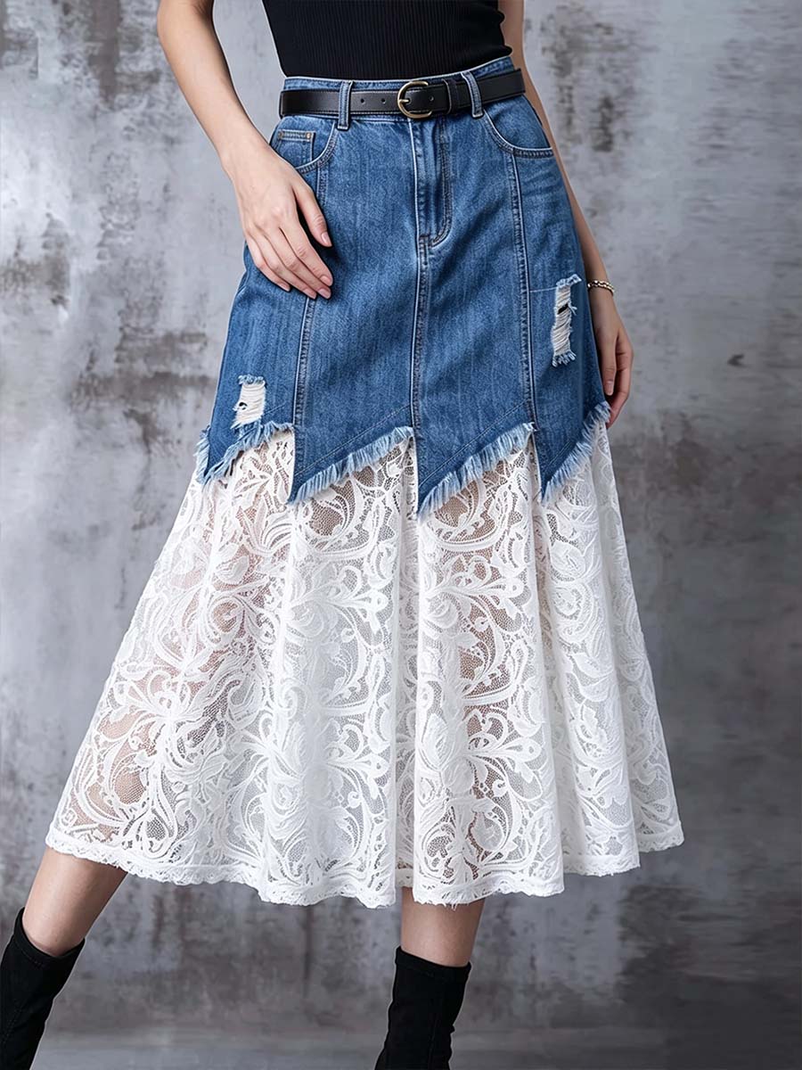 Women's High-waisted Denim And Lace A-line Skirt