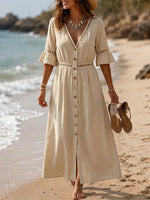 Casual Linen-cotton Button-front Dress With Spliced cut-out Webbing Details
