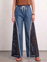 Women's Casual Loose-fit Wide-leg Denim Pants With Elastic Drawstring Waist And Lace Paneling