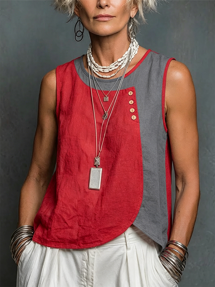 Color-block Cotton-linen Tank Top With A Round Neck, Sleeveless Design, And Asymmetrical Curved Hem