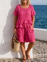 Loose-fitting Cotton-linen Two-piece Set (short-sleeved Top And Shorts)—suitable For Lounging At Home Or Casual Outings
