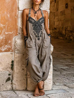 Fast Shipping (Ships in 24Hrs) Women's V-neck Sleeveless Wide-leg Jumpsuit - Casual Loose-fit Cotton-linen Print