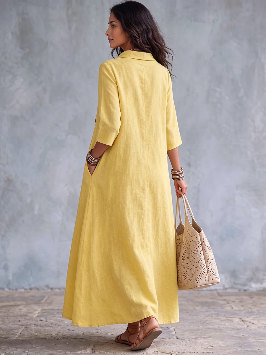 Elegant Yellow Mock-neck Cotton-linen Dress