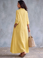 Elegant Yellow Mock-neck Cotton-linen Dress