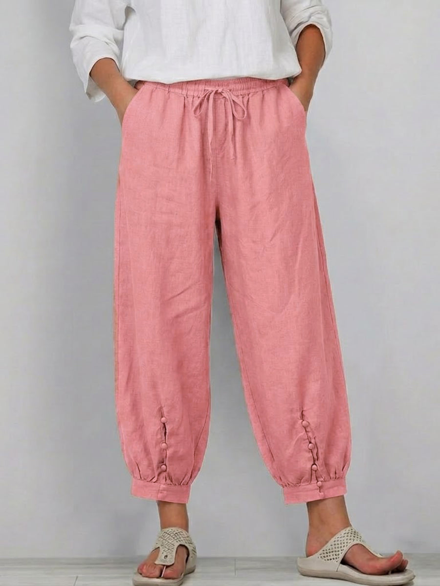 Casual Linen-cotton Cropped Trousers With An Elastic Waist