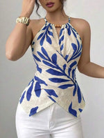 Printed Sleeveless Wrap-style Linen And Cotton Top