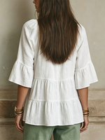 Square-neck Cotton-linen Top Featuring Front Ties, Cut-out Details, Tiered Ruffles, And Three-quarter Length Flared Sleeves