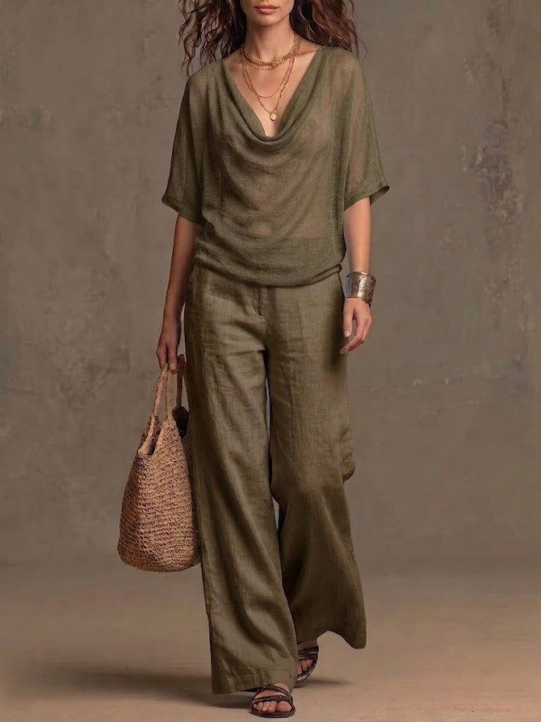 Casual Linen-cotton Two-piece Set With Cowl Neck Top And Trousers