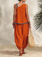 Asymmetrical Trim Linen Top & Draped Harem Pants