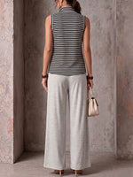 Women's Striped Print Sleeveless Mock-neck Casual Loose Top And High-waisted Wide-leg Pants Set