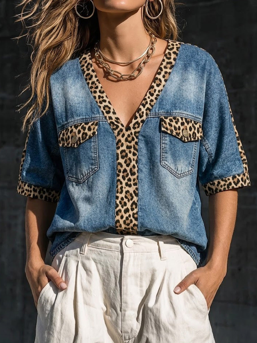 Washed Denim Leopard Contrast Trim V-neck Short Sleeve Dual Patch Pocket Casual Shirt