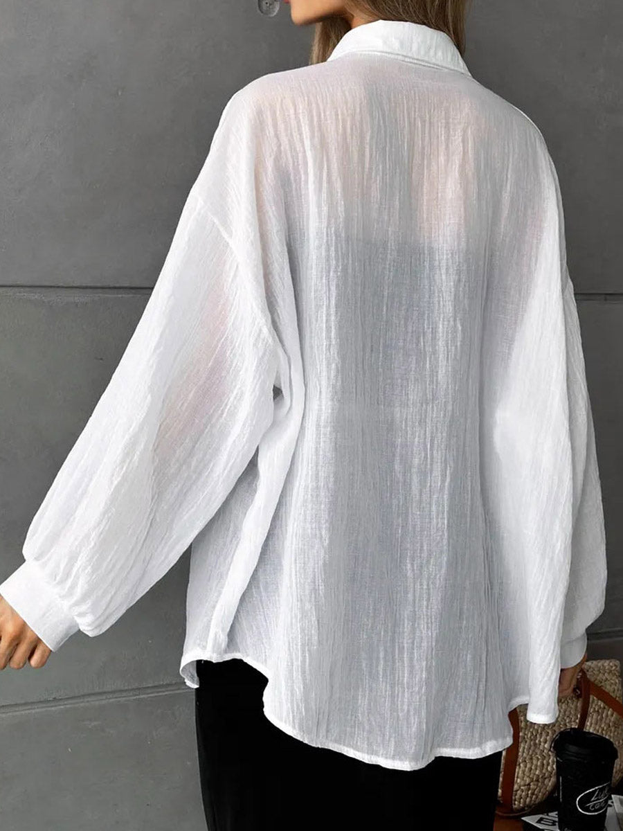 Women's Casual Stylish Knot Loose Sheer Lapel Long Sleeve Shirt