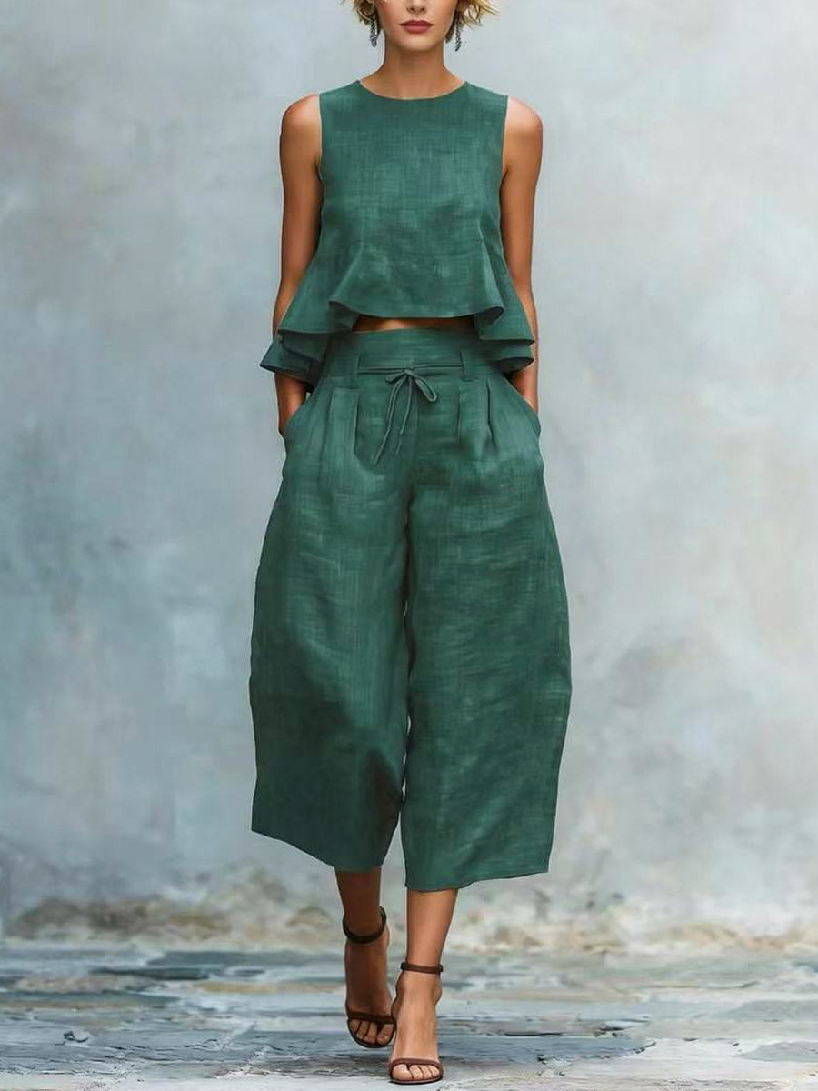 Women's Casual Stylish Ruffled Loose Sleeveless Top And Pants Linen Two-piece Set