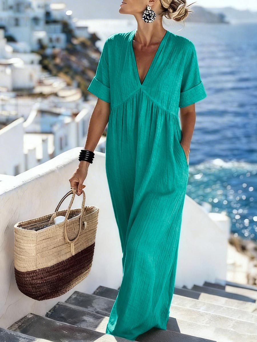 Women's Solid Color V-neck Short-sleeve Casual Loose A-line Cotton-linen Dress