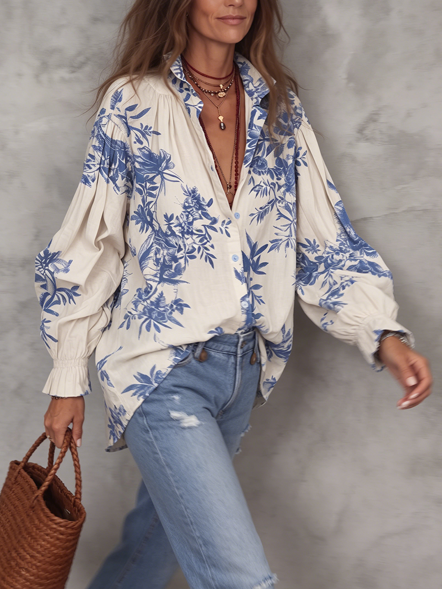 Boho Vintage Floral Print Cotton-linen Shirt