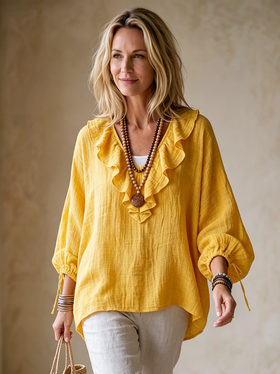 Sunny Ruffled Cotton-linen Blouse With Adjustable Sleeves