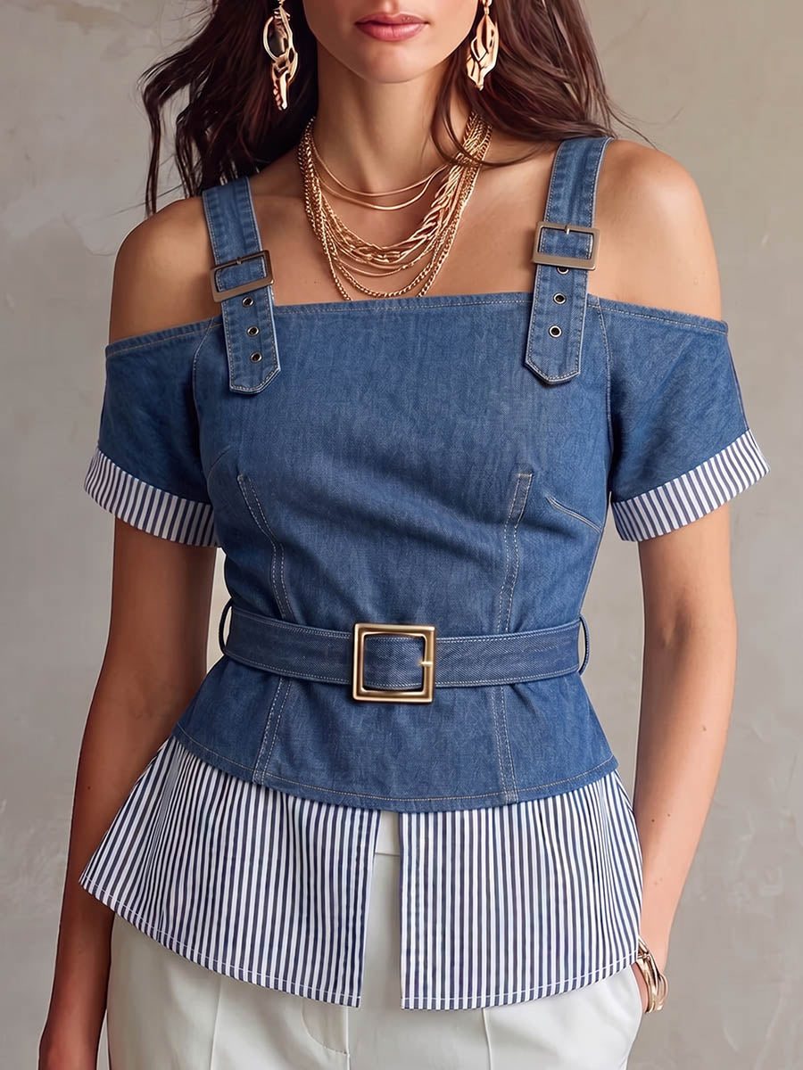 Women's Square-neck Short-sleeve Casual Loose-fit Top With Denim Patchwork And Striped Print