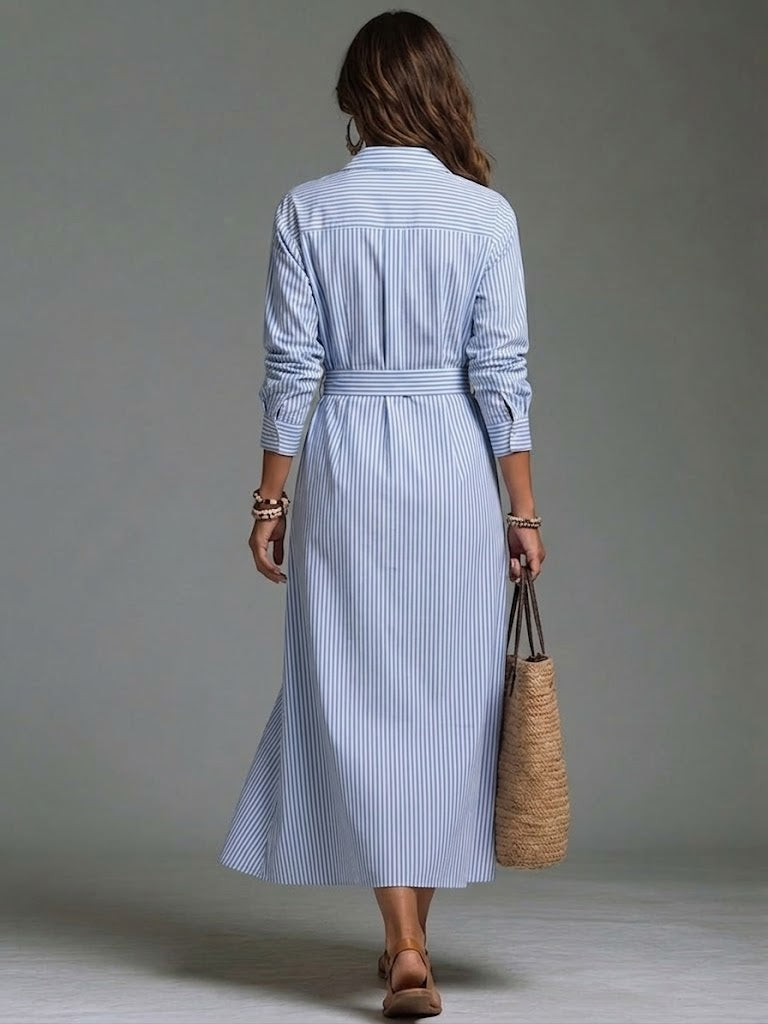 Casual Striped Linen-cotton Zip-front Dress
