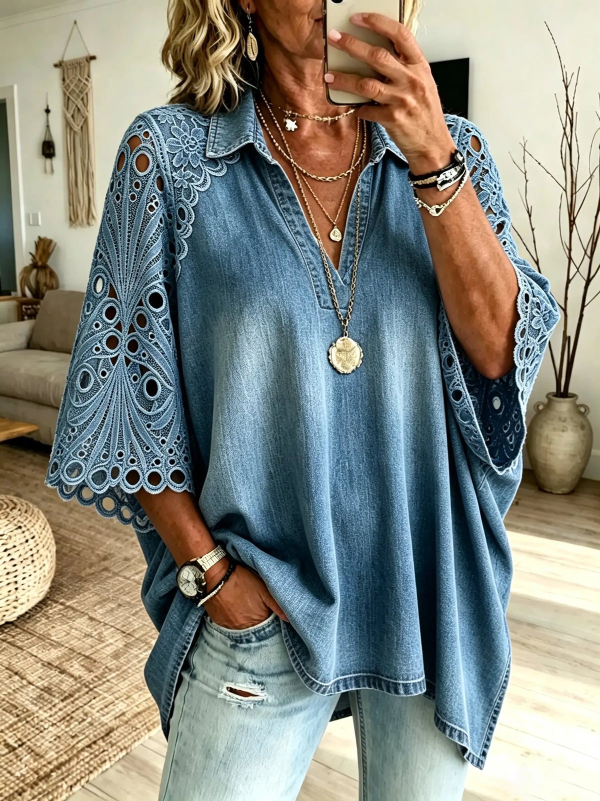 Women's Hollow Embroidery Lace Spliced Denim Loose 3/4 Sleeve Blouse