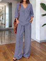 Women's Casual Long-sleeve V-neck Pullover & Pants Set – Washed Cotton (available In Multiple Colors)