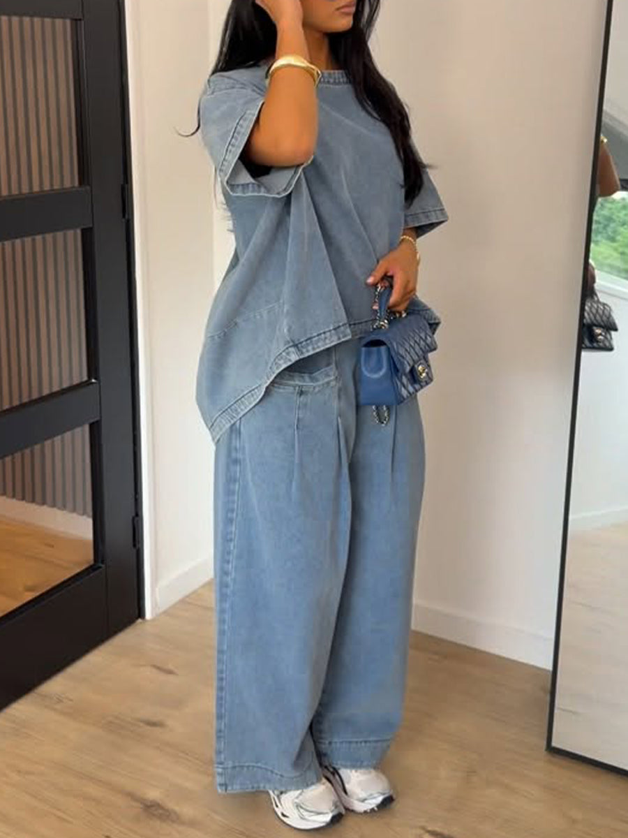 Casual Vintage-style Washed Denim Two-piece Set (top And Pants)