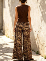 Retro Art Casual Vest And Leopard Pattern Wide Leg Pants Two-piece Set