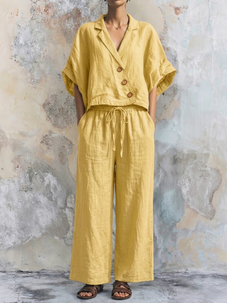 Casual Linen-cotton Shirt And Trousers Two-piece Set With Lapel Collar