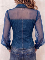 Women's Casual Loose-fit Denim Cardigan Top With Chiffon Panels Lapel Collar And Long Sleeves
