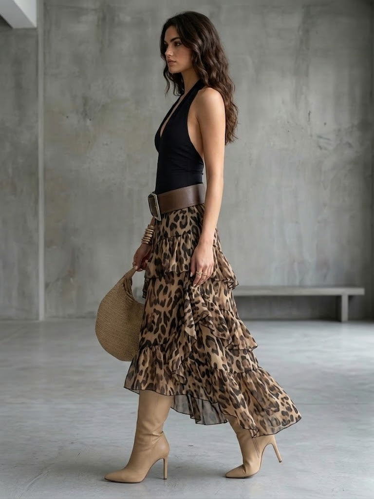 Two-piece Set Featuring A Stylish Cotton Halter-neck Sleeveless Top And A Leopard-print Ruffled Chiffon Skirt.