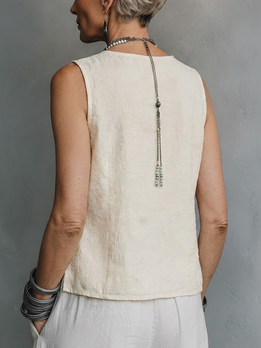 Cotton And Linen Jacquard Sleeveless Loose Slimming Artistic Casual Vest Pure Cotton Top