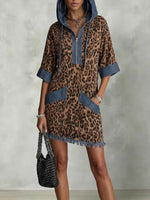 Casual Leopard-print Panel Denim Hoodie Dress