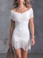 Women's Solid-color V-neck Casual Slim-fit High-stretch Tassel Dress