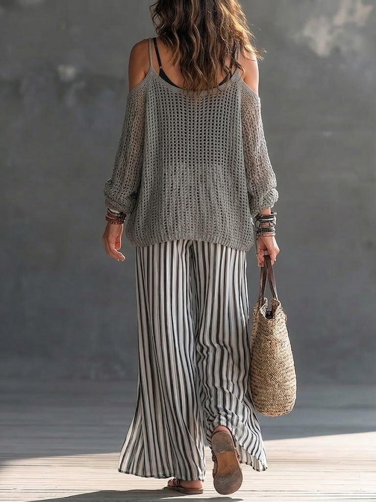 Two-piece Set Featuring A Cozy Off-shoulder Knit Top And Striped Linen-cotton Trousers.
