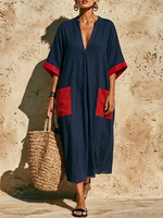 Navy Blue And Red Cotton-linen Dress With Patch Pockets, Featuring A Stand Collar, V-slit, And Mid-length Sleeves With Contrasting Binding At The Cuffs.