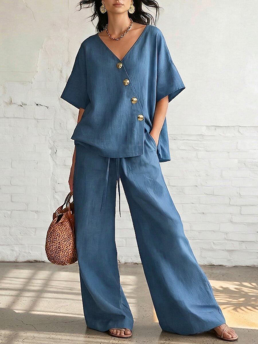 Women's Solid Color Casual Stylish Top And Wide Leg Pants Two-piece Set