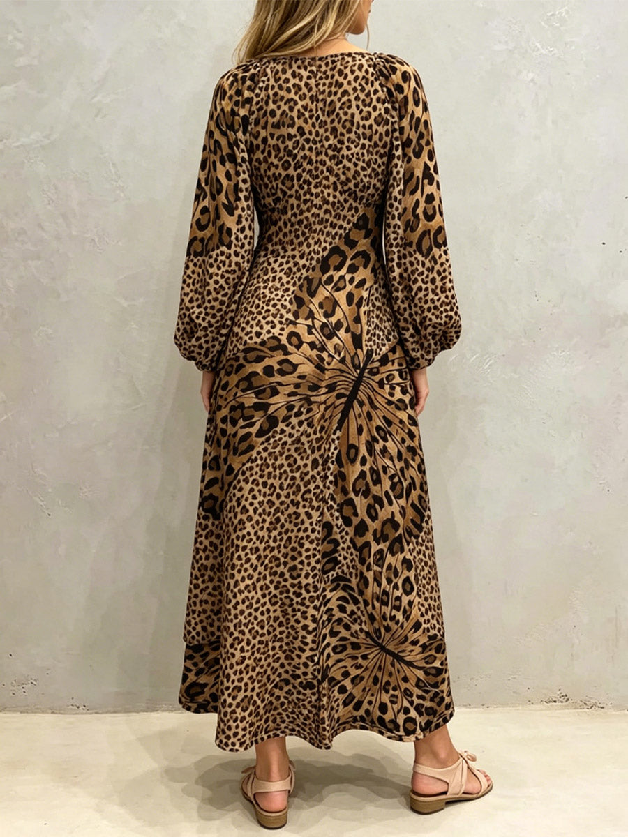 Women's Butterfly Leopard Pattern Loose Art Casual Stylish Long Sleeve Dress