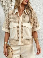 Women's Solid Crochet Hollow Out Collared Short Sleeve Shirt