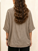 Laid-back Resort Solid V-neck Wooden Button Irregular Cross Hem Linen Shirt