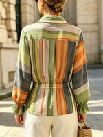 Women's Retro Striped Pattern Print Art Lapel Long Sleeve Casual Stylish Shirt