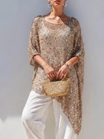Shimmering Sequin Knit Tunic – Asymmetrical Draped Poncho Top
