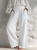Loose, Casual, Everyday Wide-leg Cotton-linen Pants With Lace Trim