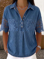 Casual Patchwork Lace And Denim Henley Top