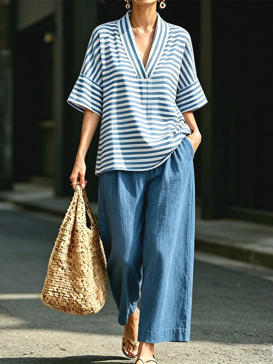 Women's Striped Art Comfortable Casual Top And Pants Cotton Linen Two-piece Set