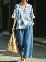 Women's Striped Art Comfortable Casual Top And Pants Cotton Linen Two-piece Set
