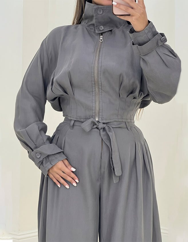 Women's Two-piece Casual Utility Set Featuring A Short, Stand-collar Zip-up Jacket And Wide-leg Trousers With A Tie-waist.