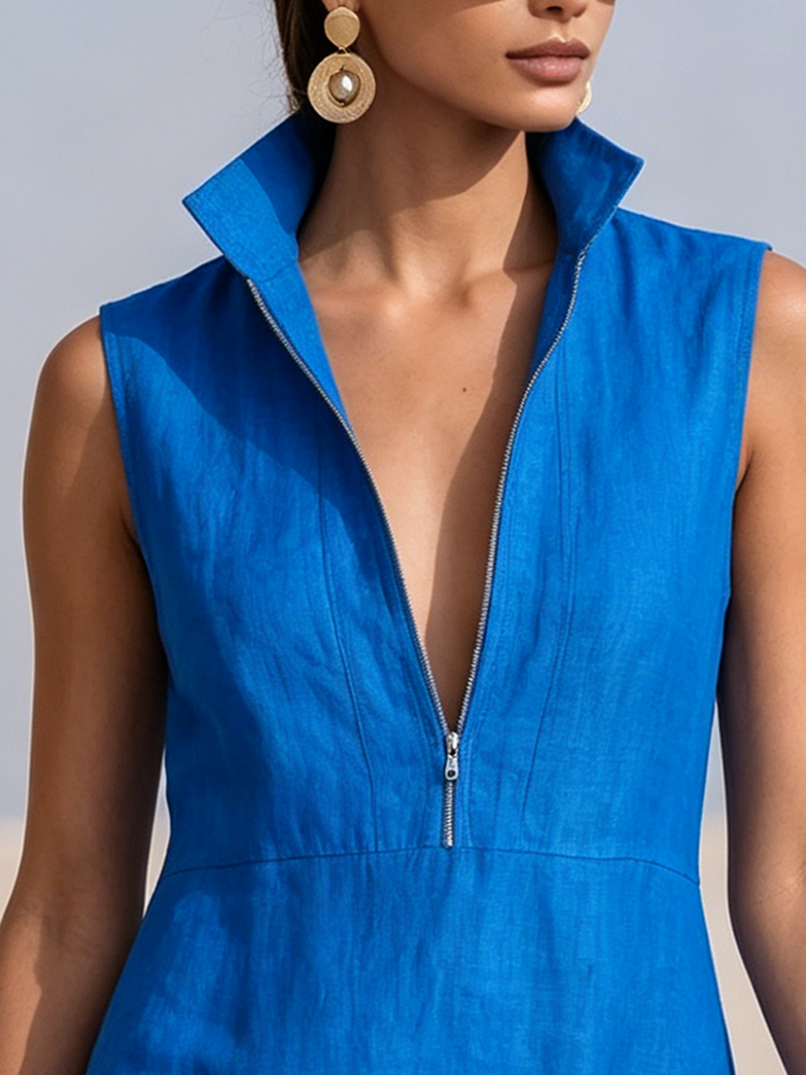 Minimalist Elegant Royal Blue Cotton-linen Mini Dress