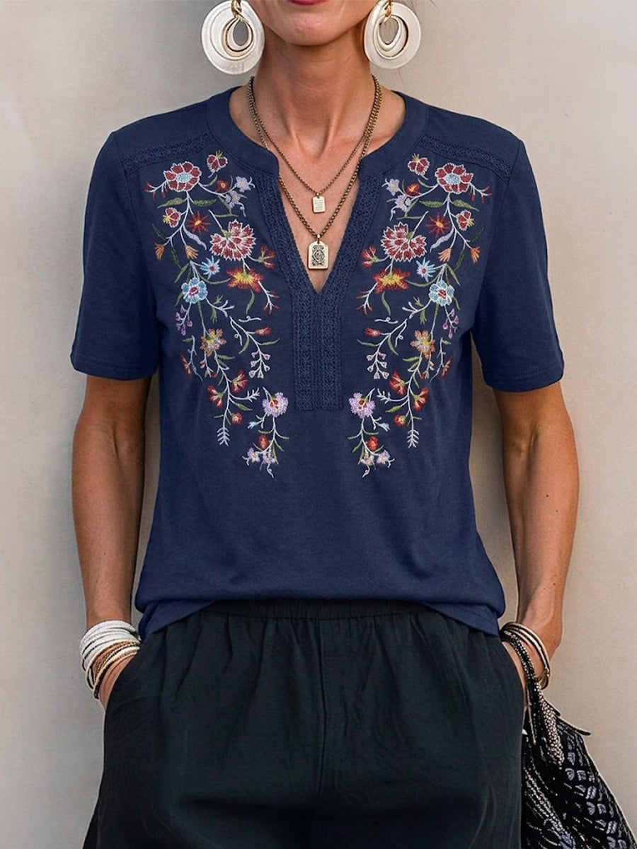 Short-sleeve Cotton Top With Colorful Floral Embroidery, Lace Trim, And A Small Open V-neck