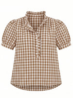 Casual Linen-cotton Plaid Shirt With A Ruffle Collar