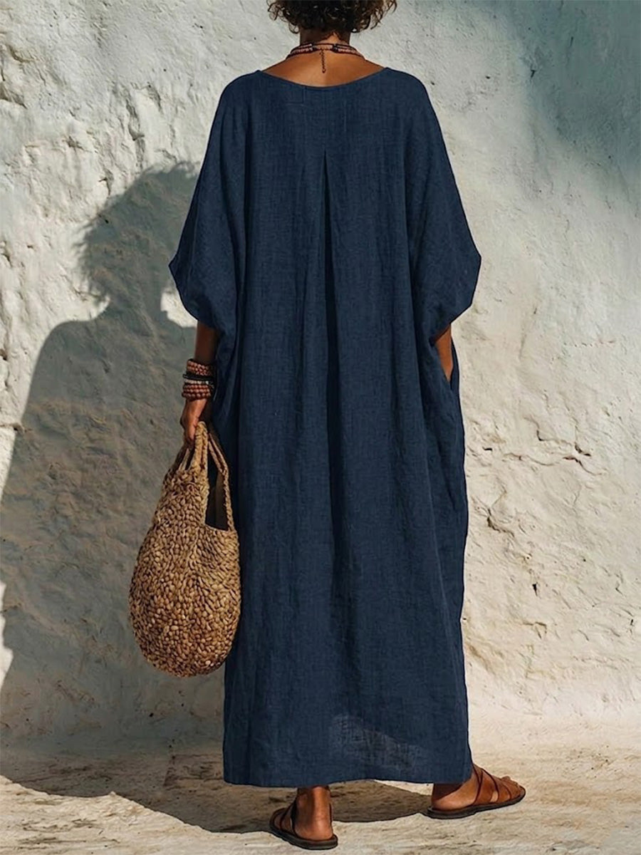Boat-neck, Loose-fitting, Long Resort Cover-up Dress Featuring Wide Batwing Sleeves And Side Slits