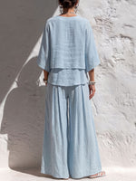 Women's Solid-color Cotton-linen Set: Casual Loose V-neck 3/4-sleeve Top And High-waisted Wide-leg Pants